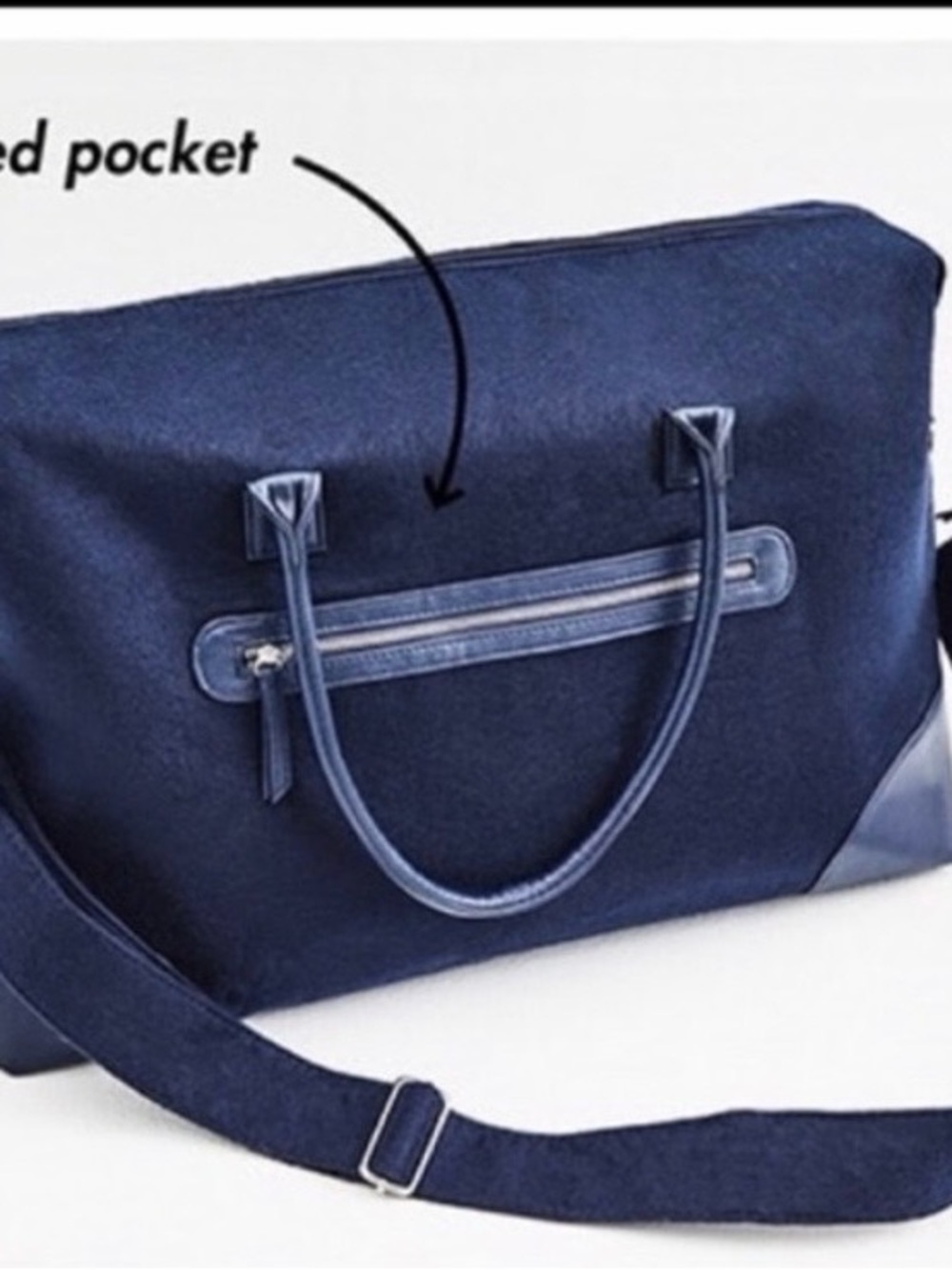 DSW Navy Blue Felt Weekender Bag Travel Duffel Tote - Picture 2 of 11